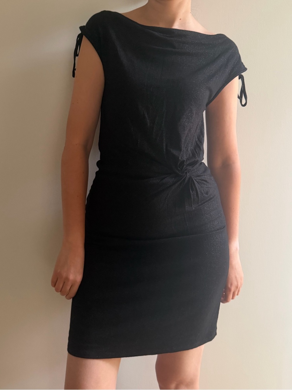 Cream Iniga Black Sparkle Boatneck front knot mini dress, sleeveless - XS